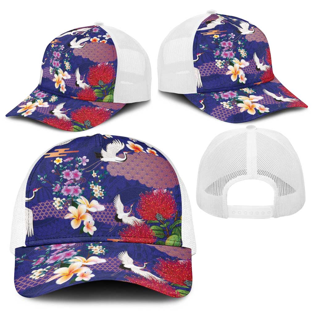 Hawaiian and Japanese Culture Together Baseball Net Cap Blue Ohia Lehua Plumeria and Sakura Blooming LT03 - Polynesian Pride