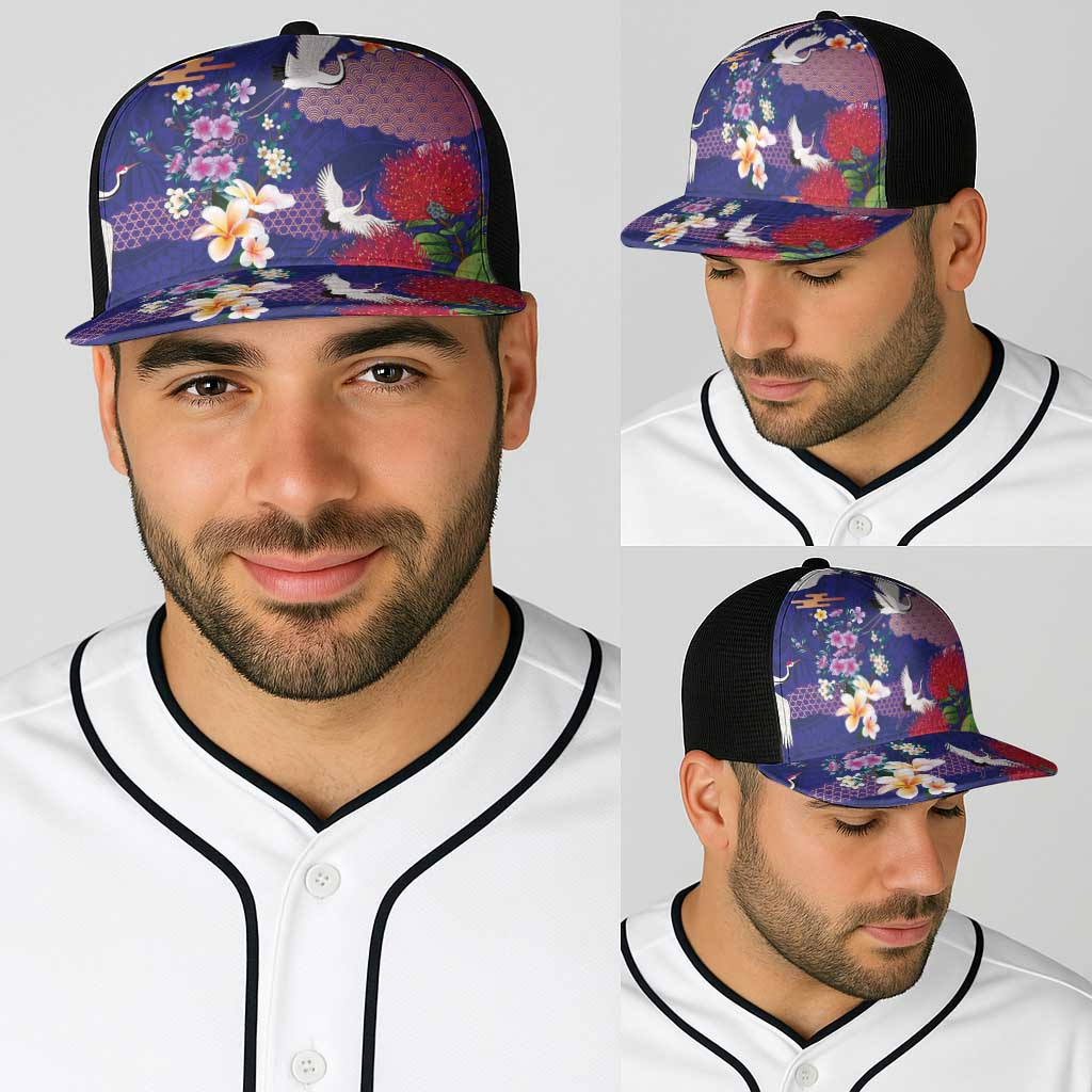 Hawaiian and Japanese Culture Together Baseball Net Cap Blue Ohia Lehua Plumeria and Sakura Blooming LT03 - Polynesian Pride