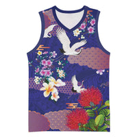 Hawaiian and Japanese Culture Together Basketball Jersey Blue Ohia Lehua Plumeria and Sakura Blooming LT03 Unisex Blue - Polynesian Pride