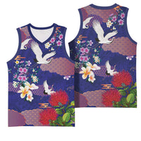 Hawaiian and Japanese Culture Together Basketball Jersey Blue Ohia Lehua Plumeria and Sakura Blooming LT03 - Polynesian Pride
