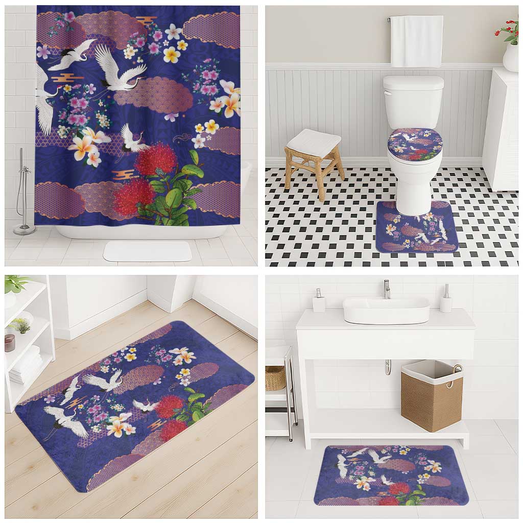 Hawaiian and Japanese Culture Together Bathroom Set Blue Ohia Lehua Plumeria and Sakura Blooming LT03 - Polynesian Pride