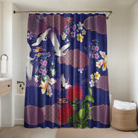 Hawaiian and Japanese Culture Together Bathroom Set Blue Ohia Lehua Plumeria and Sakura Blooming LT03 Shower Curtain Only Blue - Polynesian Pride