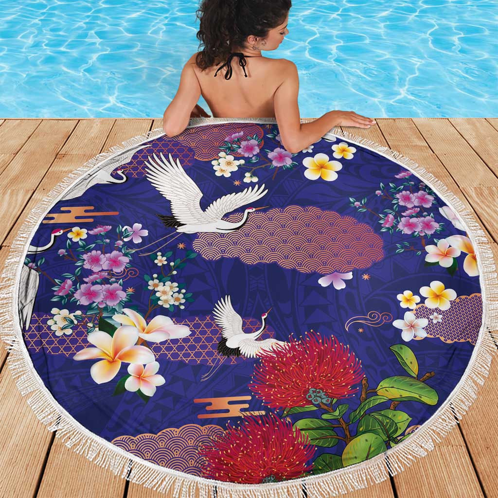 Hawaiian and Japanese Culture Together Beach Blanket Blue Ohia Lehua Plumeria and Sakura Blooming LT03 - Polynesian Pride