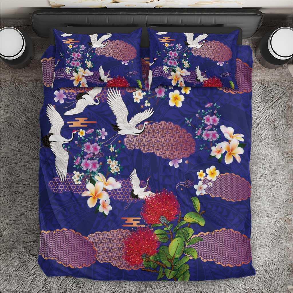 Hawaiian and Japanese Culture Together Bedding Set Blue Ohia Lehua Plumeria and Sakura Blooming LT03 Blue - Polynesian Pride
