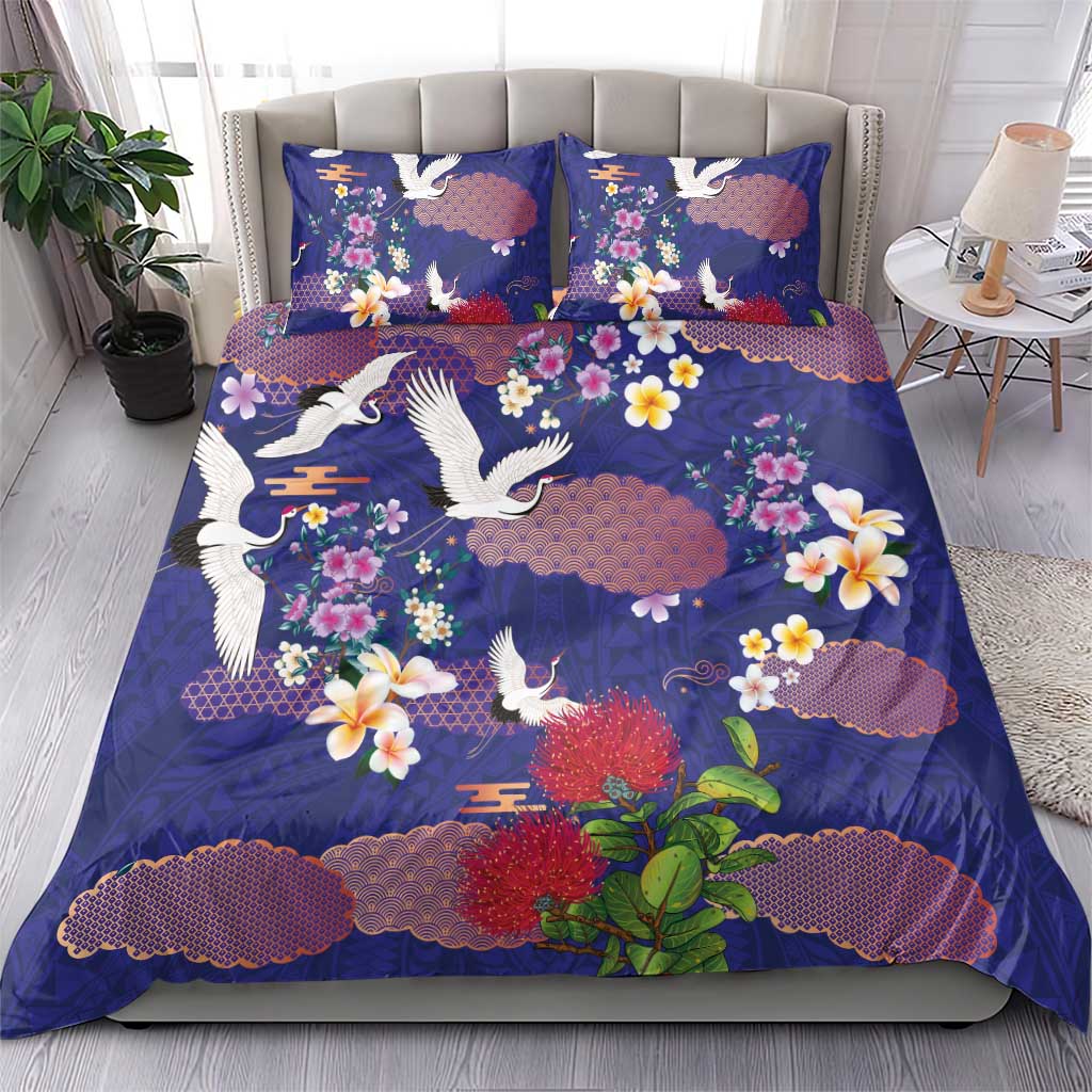 Hawaiian and Japanese Culture Together Bedding Set Blue Ohia Lehua Plumeria and Sakura Blooming LT03 - Polynesian Pride