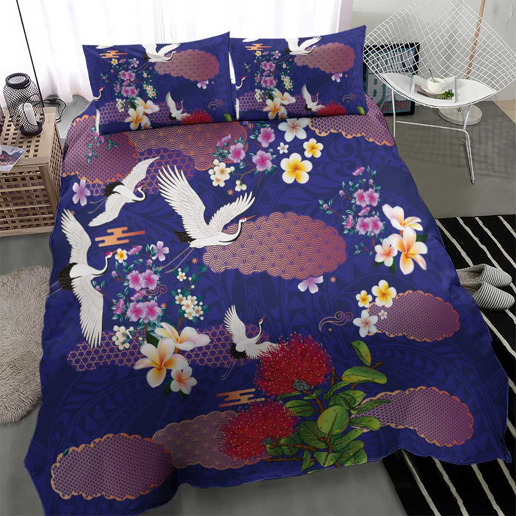 Hawaiian and Japanese Culture Together Bedding Set Blue Ohia Lehua Plumeria and Sakura Blooming LT03 - Polynesian Pride