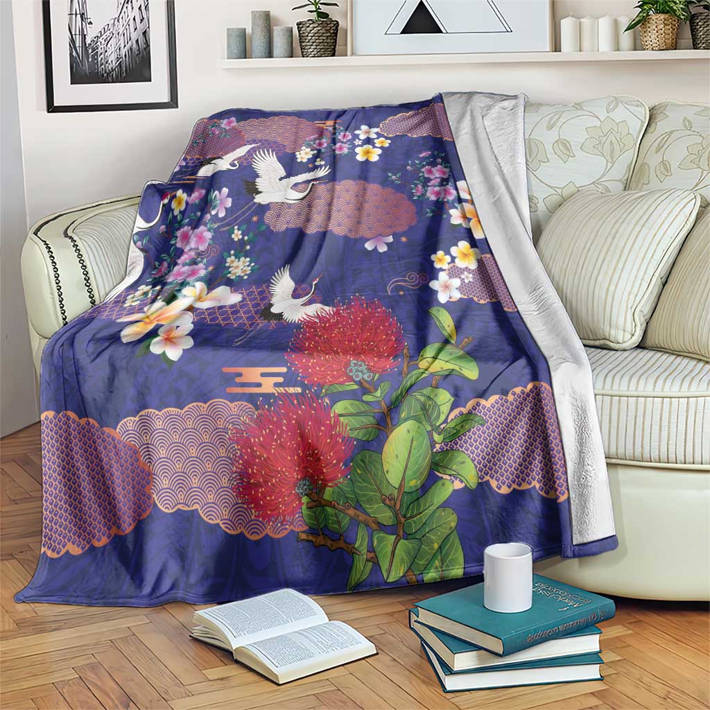 Hawaiian and Japanese Culture Together Blanket Blue Ohia Lehua Plumeria and Sakura Blooming LT03 Blue - Polynesian Pride