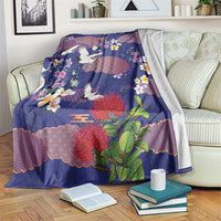 Hawaiian and Japanese Culture Together Blanket Blue Ohia Lehua Plumeria and Sakura Blooming LT03 Blue - Polynesian Pride