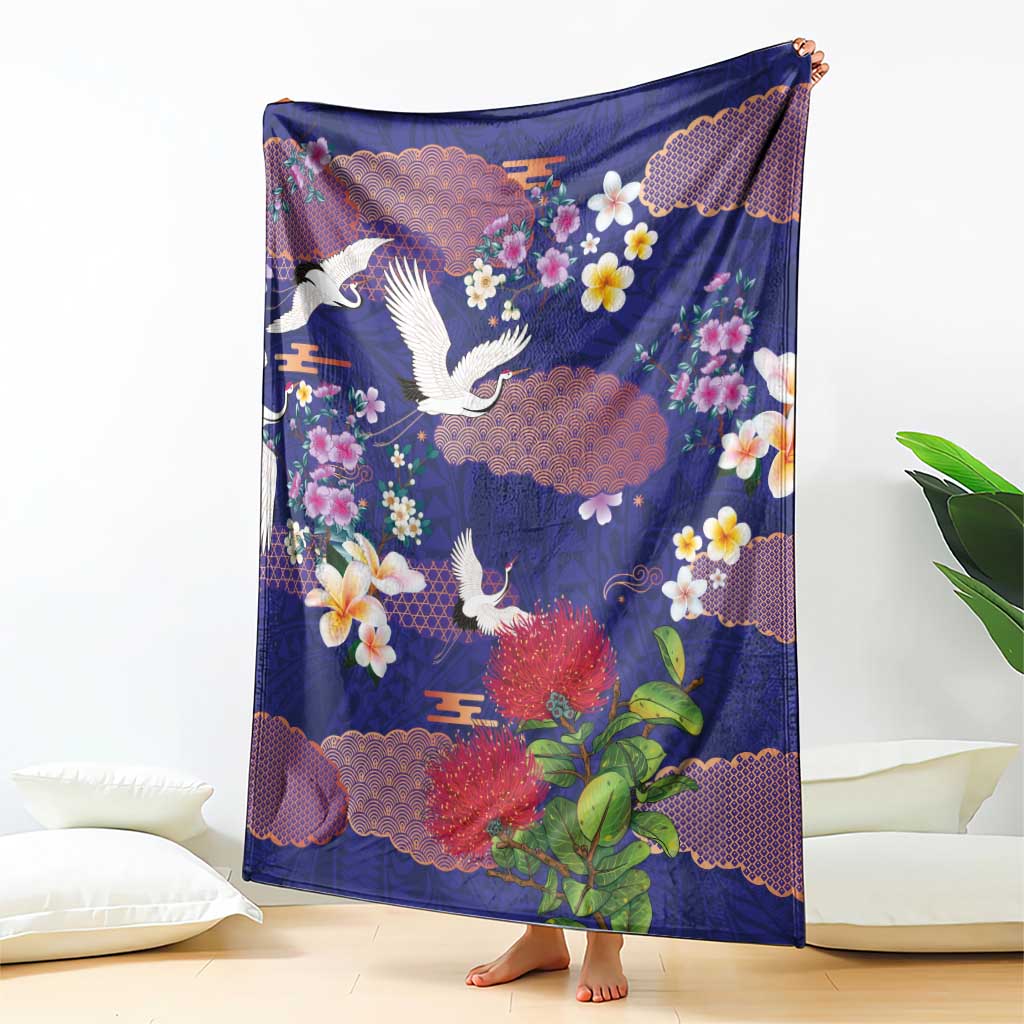 Hawaiian and Japanese Culture Together Blanket Blue Ohia Lehua Plumeria and Sakura Blooming LT03 - Polynesian Pride