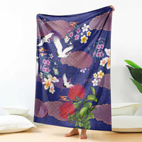 Hawaiian and Japanese Culture Together Blanket Blue Ohia Lehua Plumeria and Sakura Blooming LT03 - Polynesian Pride