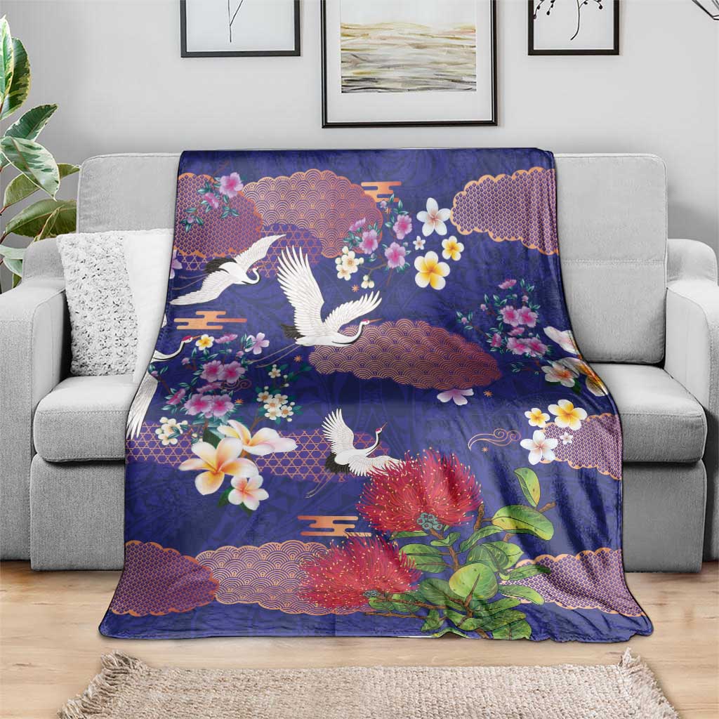 Hawaiian and Japanese Culture Together Blanket Blue Ohia Lehua Plumeria and Sakura Blooming LT03 - Polynesian Pride