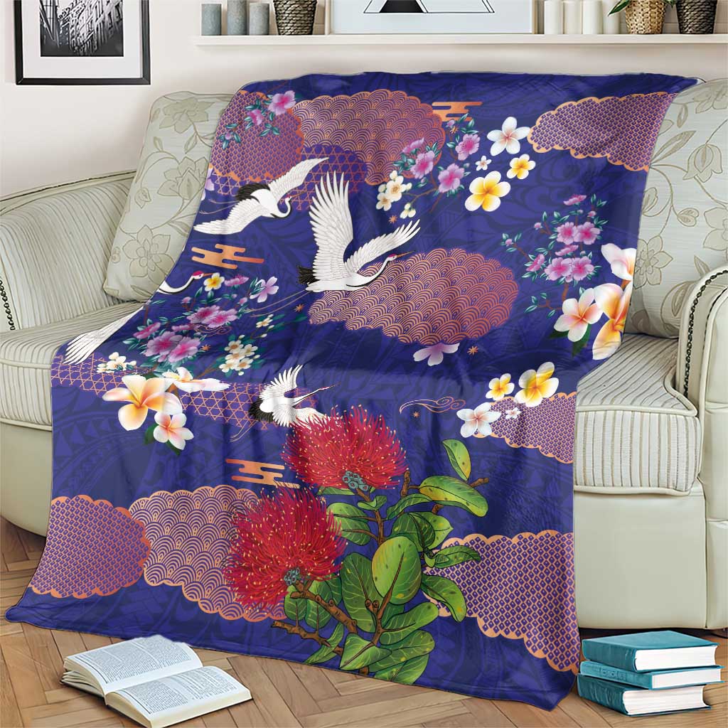 Hawaiian and Japanese Culture Together Blanket Blue Ohia Lehua Plumeria and Sakura Blooming LT03 - Polynesian Pride