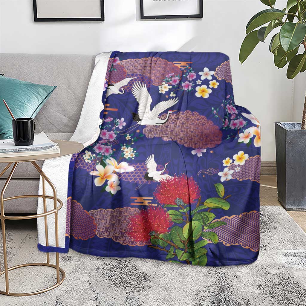 Hawaiian and Japanese Culture Together Blanket Blue Ohia Lehua Plumeria and Sakura Blooming LT03 - Polynesian Pride