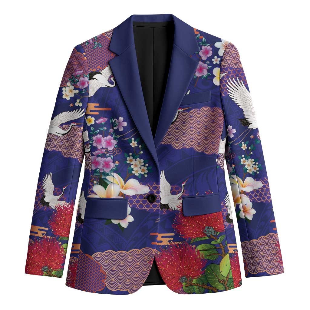 Hawaiian and Japanese Culture Together Blazer Blue Ohia Lehua Plumeria and Sakura Blooming LT03 Unisex Blue - Polynesian Pride