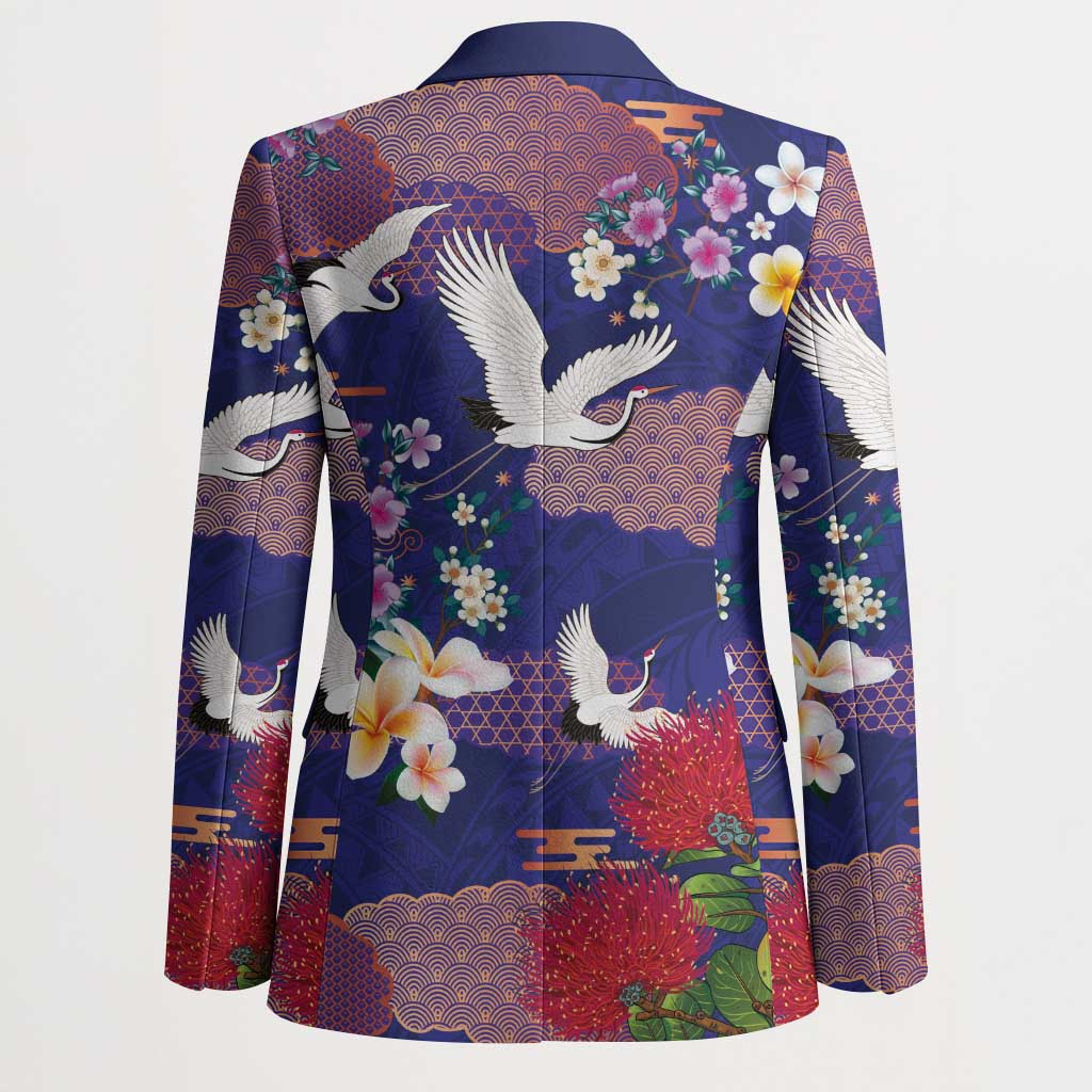 Hawaiian and Japanese Culture Together Blazer Blue Ohia Lehua Plumeria and Sakura Blooming LT03 - Polynesian Pride