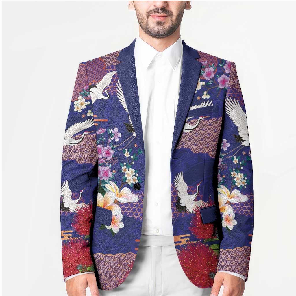 Hawaiian and Japanese Culture Together Blazer Blue Ohia Lehua Plumeria and Sakura Blooming LT03 - Polynesian Pride