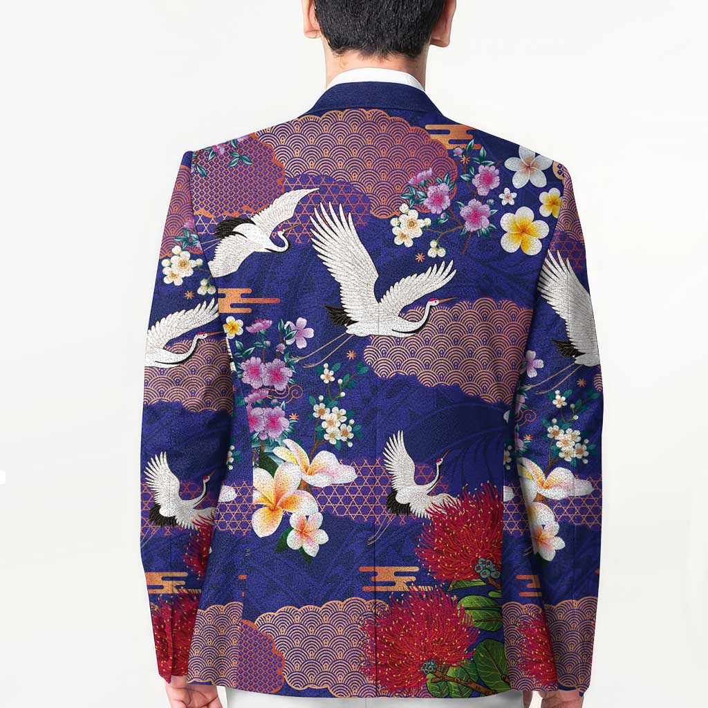 Hawaiian and Japanese Culture Together Blazer Blue Ohia Lehua Plumeria and Sakura Blooming LT03 - Polynesian Pride