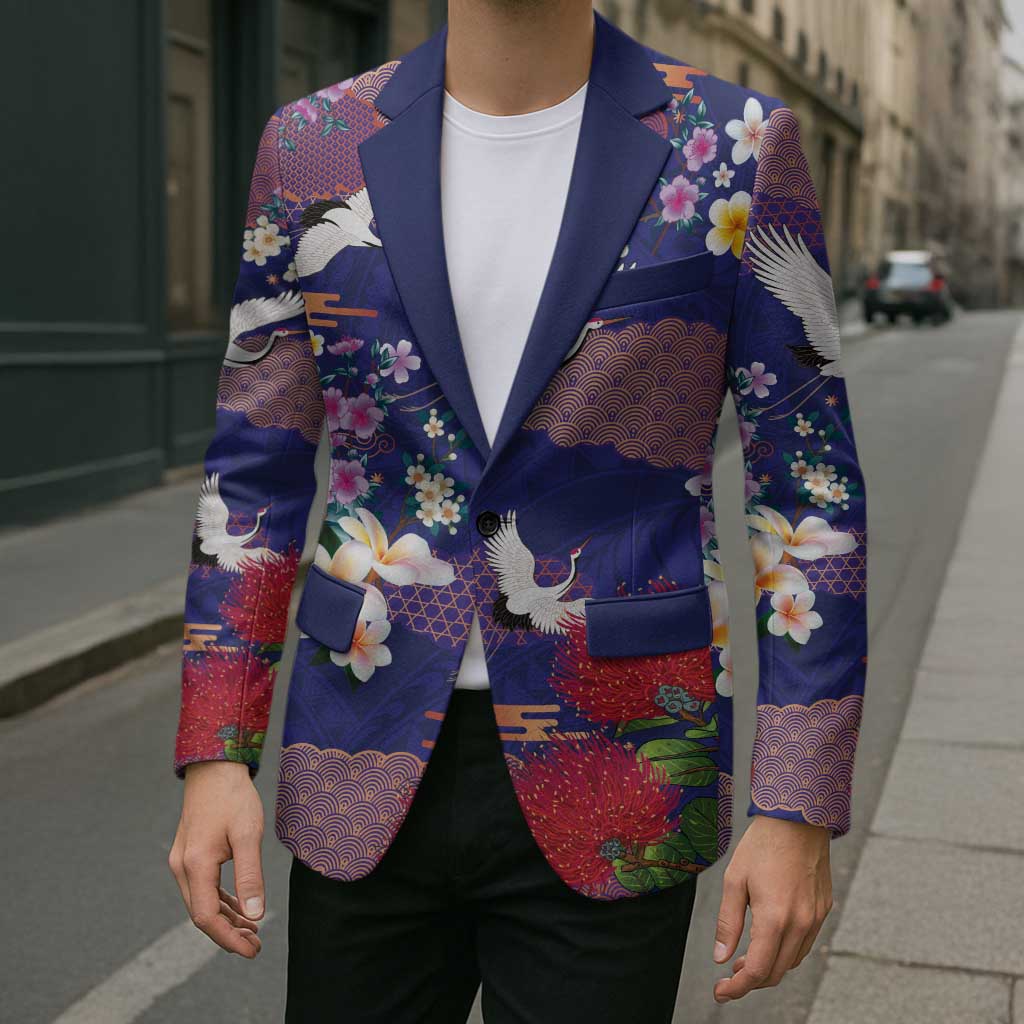 Hawaiian and Japanese Culture Together Blazer Blue Ohia Lehua Plumeria and Sakura Blooming LT03 - Polynesian Pride