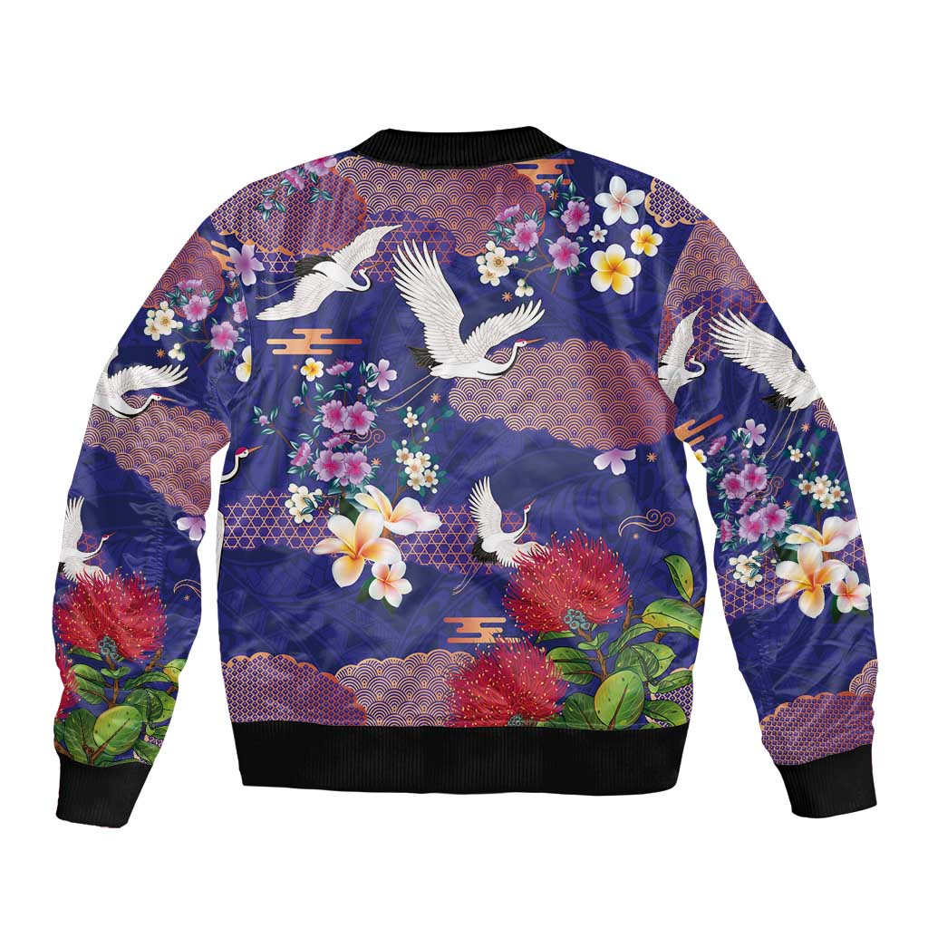 Hawaiian and Japanese Culture Together Bomber Jacket Blue Ohia Lehua Plumeria and Sakura Blooming LT03 - Polynesian Pride