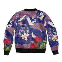 Hawaiian and Japanese Culture Together Bomber Jacket Blue Ohia Lehua Plumeria and Sakura Blooming LT03 - Polynesian Pride