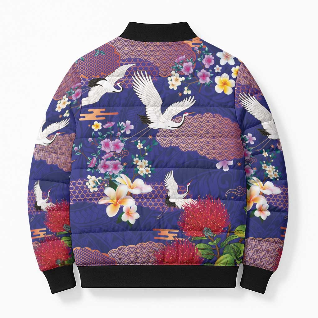 Hawaiian and Japanese Culture Together Bomber Puffer Jacket Blue Ohia Lehua Plumeria and Sakura Blooming LT03 - Polynesian Pride