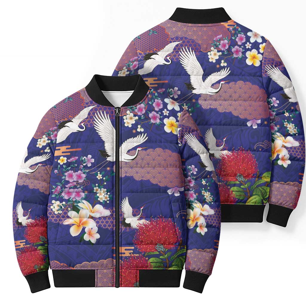 Hawaiian and Japanese Culture Together Bomber Puffer Jacket Blue Ohia Lehua Plumeria and Sakura Blooming LT03 - Polynesian Pride
