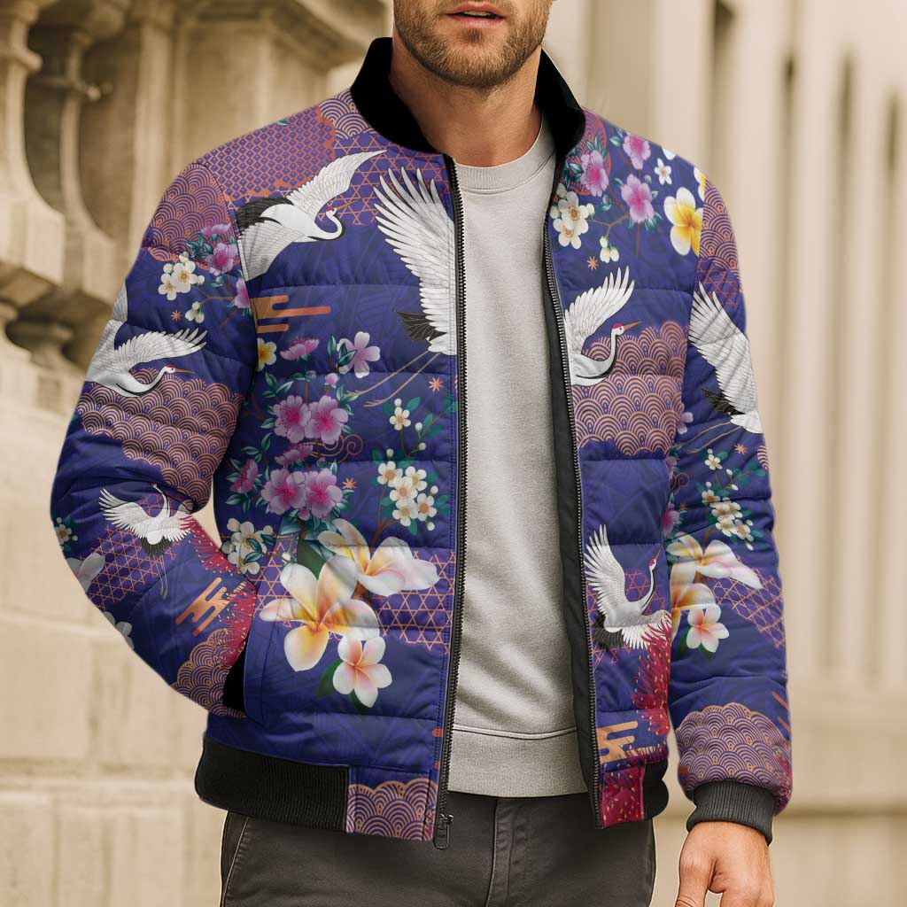 Hawaiian and Japanese Culture Together Bomber Puffer Jacket Blue Ohia Lehua Plumeria and Sakura Blooming LT03 - Polynesian Pride