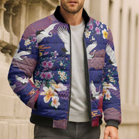 Hawaiian and Japanese Culture Together Bomber Puffer Jacket Blue Ohia Lehua Plumeria and Sakura Blooming LT03 - Polynesian Pride