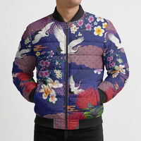 Hawaiian and Japanese Culture Together Bomber Puffer Jacket Blue Ohia Lehua Plumeria and Sakura Blooming LT03 - Polynesian Pride
