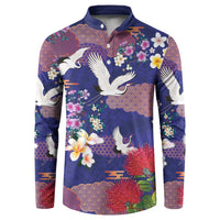 Hawaiian and Japanese Culture Together Button Sweatshirt Blue Ohia Lehua Plumeria and Sakura Blooming LT03 Blue - Polynesian Pride