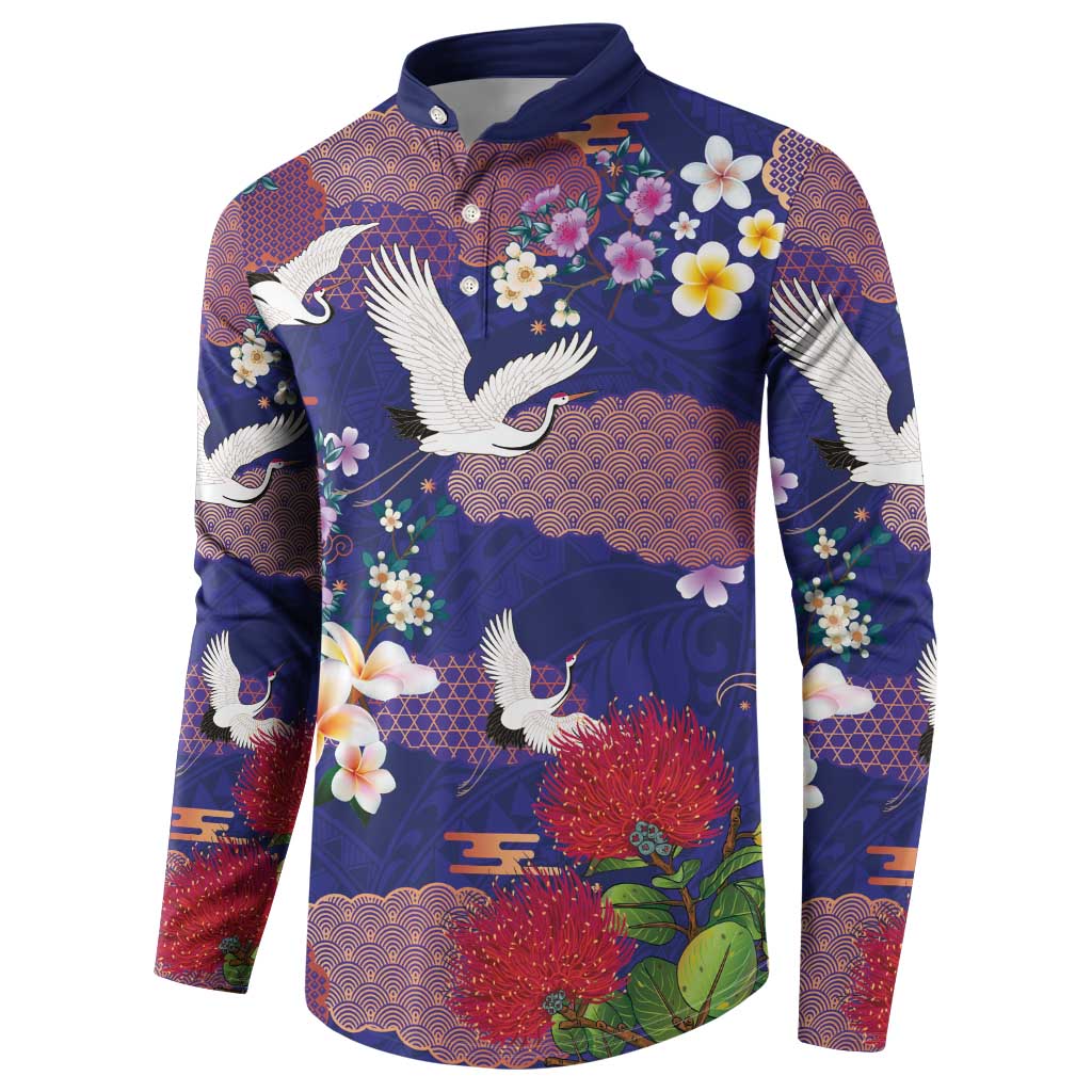 Hawaiian and Japanese Culture Together Button Sweatshirt Blue Ohia Lehua Plumeria and Sakura Blooming LT03 - Polynesian Pride