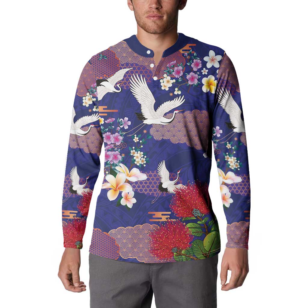 Hawaiian and Japanese Culture Together Button Sweatshirt Blue Ohia Lehua Plumeria and Sakura Blooming LT03 - Polynesian Pride