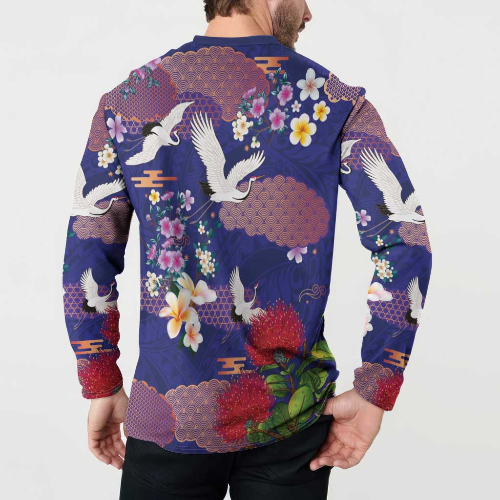 Hawaiian and Japanese Culture Together Button Sweatshirt Blue Ohia Lehua Plumeria and Sakura Blooming LT03 - Polynesian Pride