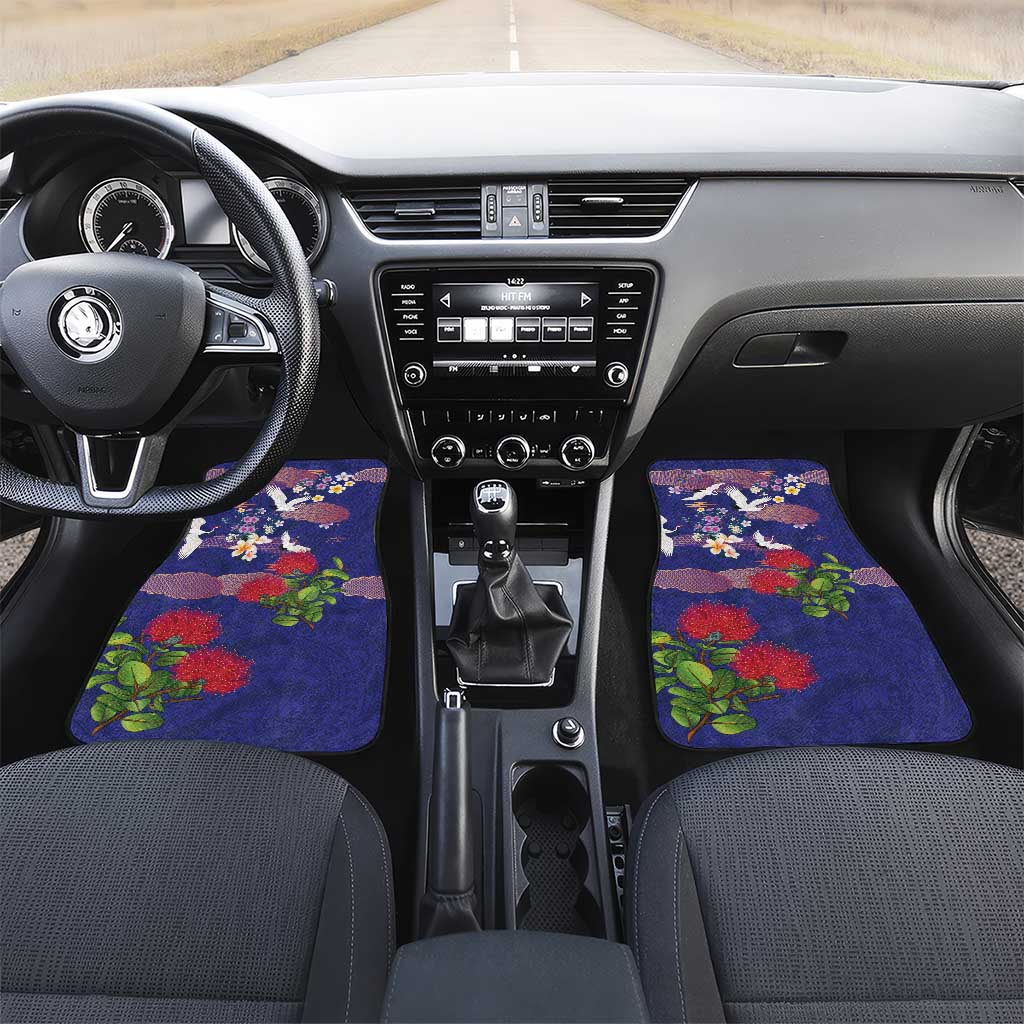 Hawaiian and Japanese Culture Together Car Mats Blue Ohia Lehua Plumeria and Sakura Blooming LT03 Set 2pcs - Front Blue - Polynesian Pride