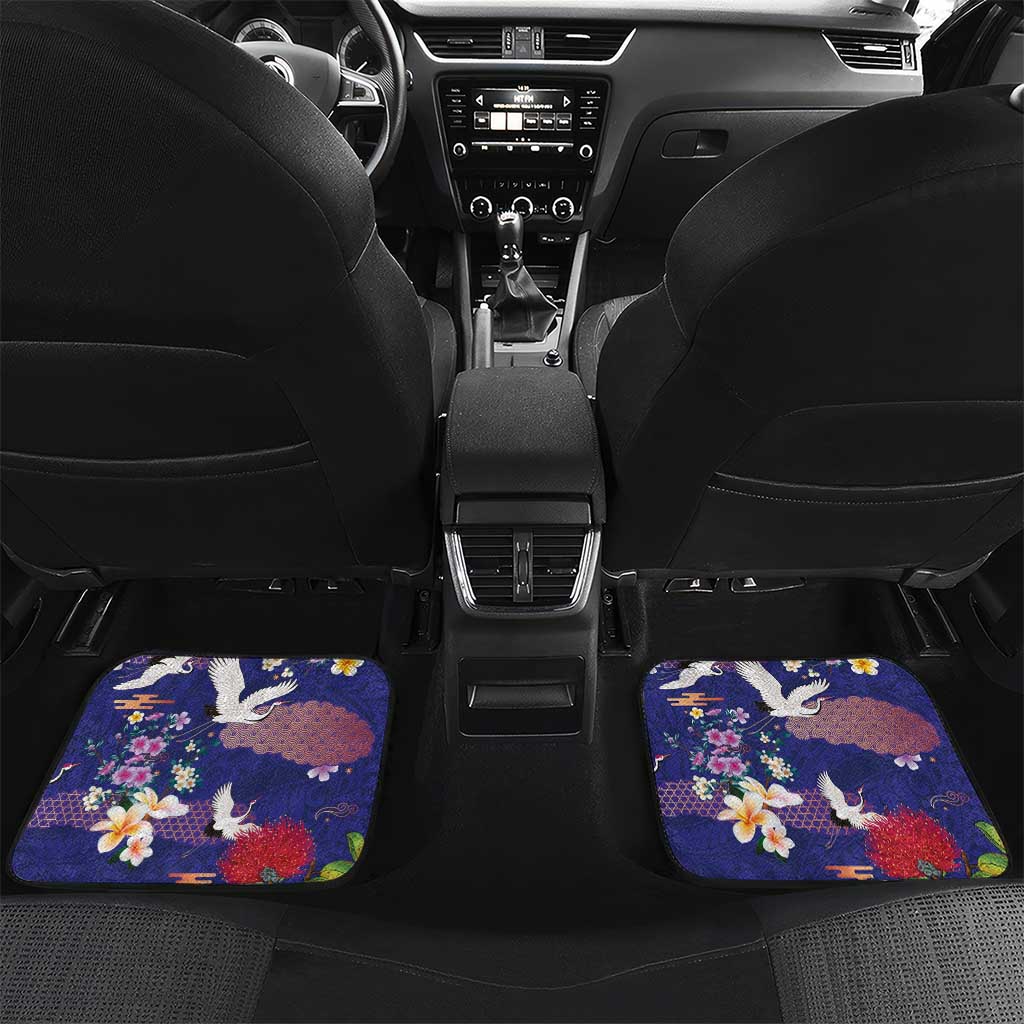 Hawaiian and Japanese Culture Together Car Mats Blue Ohia Lehua Plumeria and Sakura Blooming LT03 Set 2pcs - Back Blue - Polynesian Pride