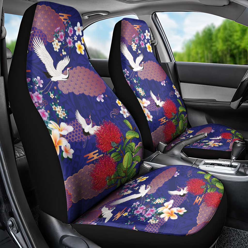 Hawaiian and Japanese Culture Together Car Seat Cover Blue Ohia Lehua Plumeria and Sakura Blooming LT03 - Polynesian Pride