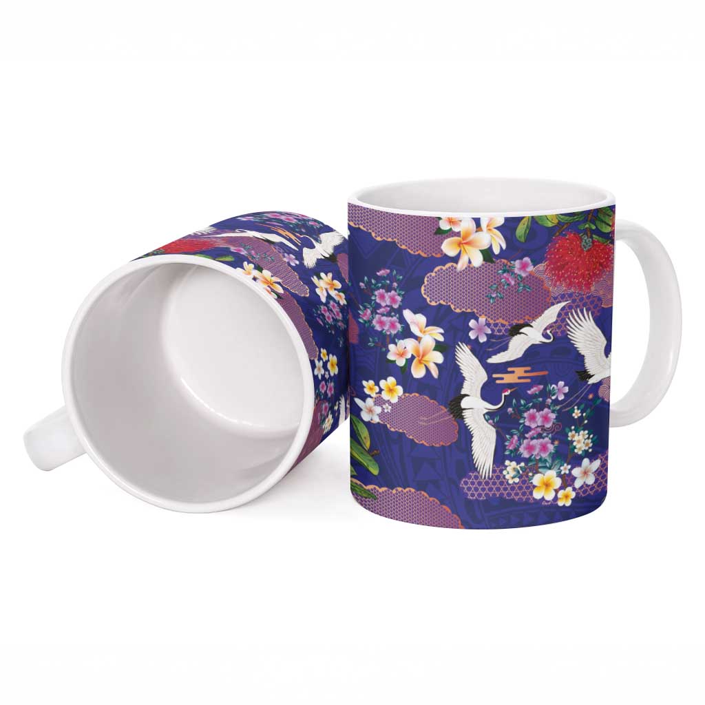 Hawaiian and Japanese Culture Together Ceramic Mug Blue Ohia Lehua Plumeria and Sakura Blooming LT03 - Polynesian Pride