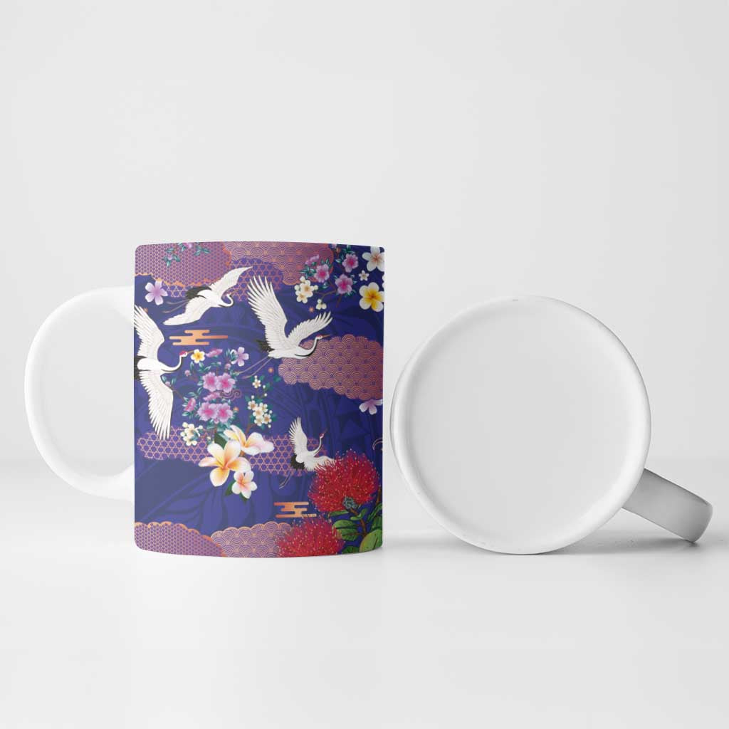 Hawaiian and Japanese Culture Together Ceramic Mug Blue Ohia Lehua Plumeria and Sakura Blooming LT03 - Polynesian Pride