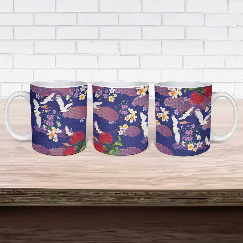 Hawaiian and Japanese Culture Together Ceramic Mug Blue Ohia Lehua Plumeria and Sakura Blooming LT03 - Polynesian Pride