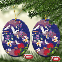 Hawaiian and Japanese Culture Together Ceramic Ornament Blue Ohia Lehua Plumeria and Sakura Blooming LT03 Oval Blue - Polynesian Pride