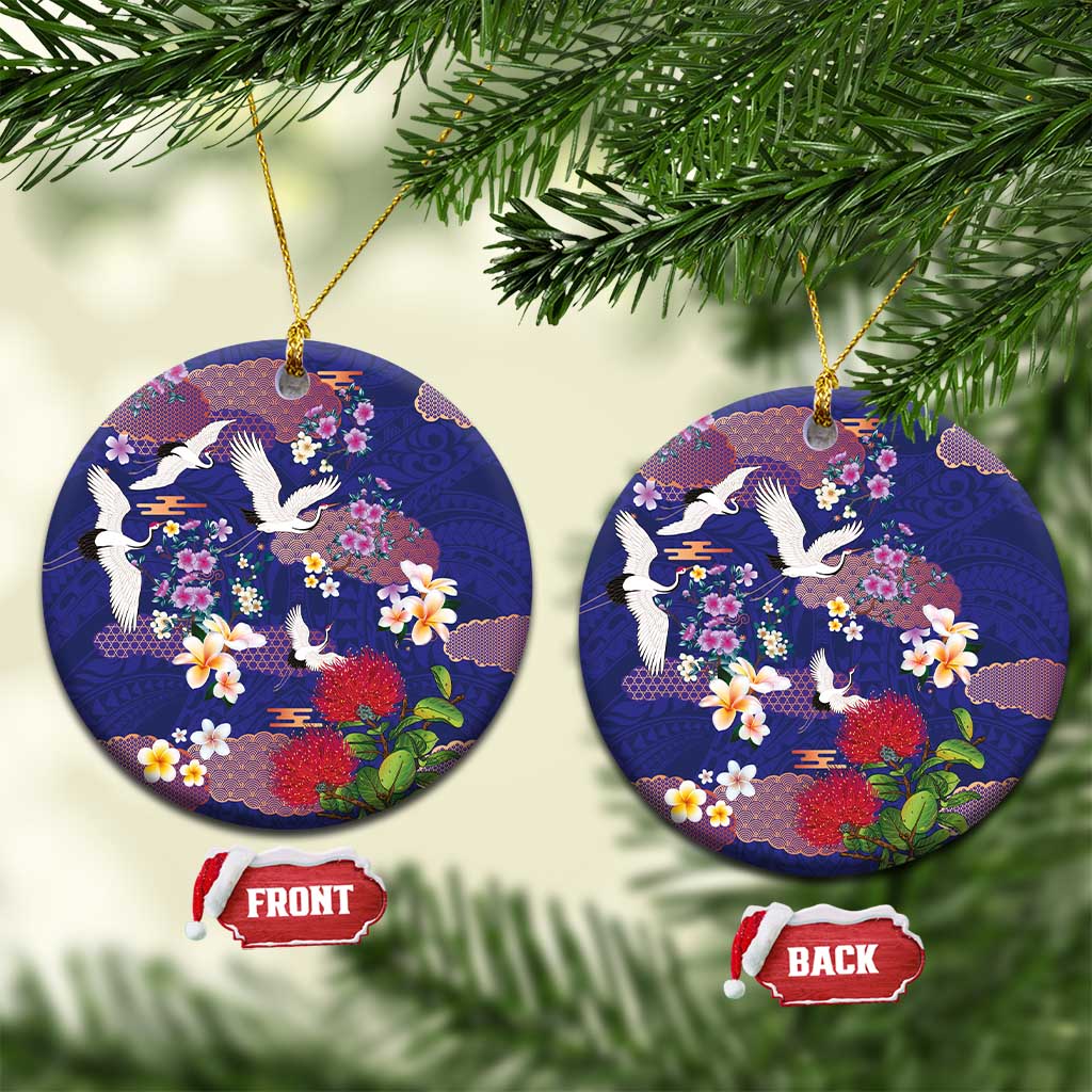 Hawaiian and Japanese Culture Together Ceramic Ornament Blue Ohia Lehua Plumeria and Sakura Blooming LT03 Circle Blue - Polynesian Pride