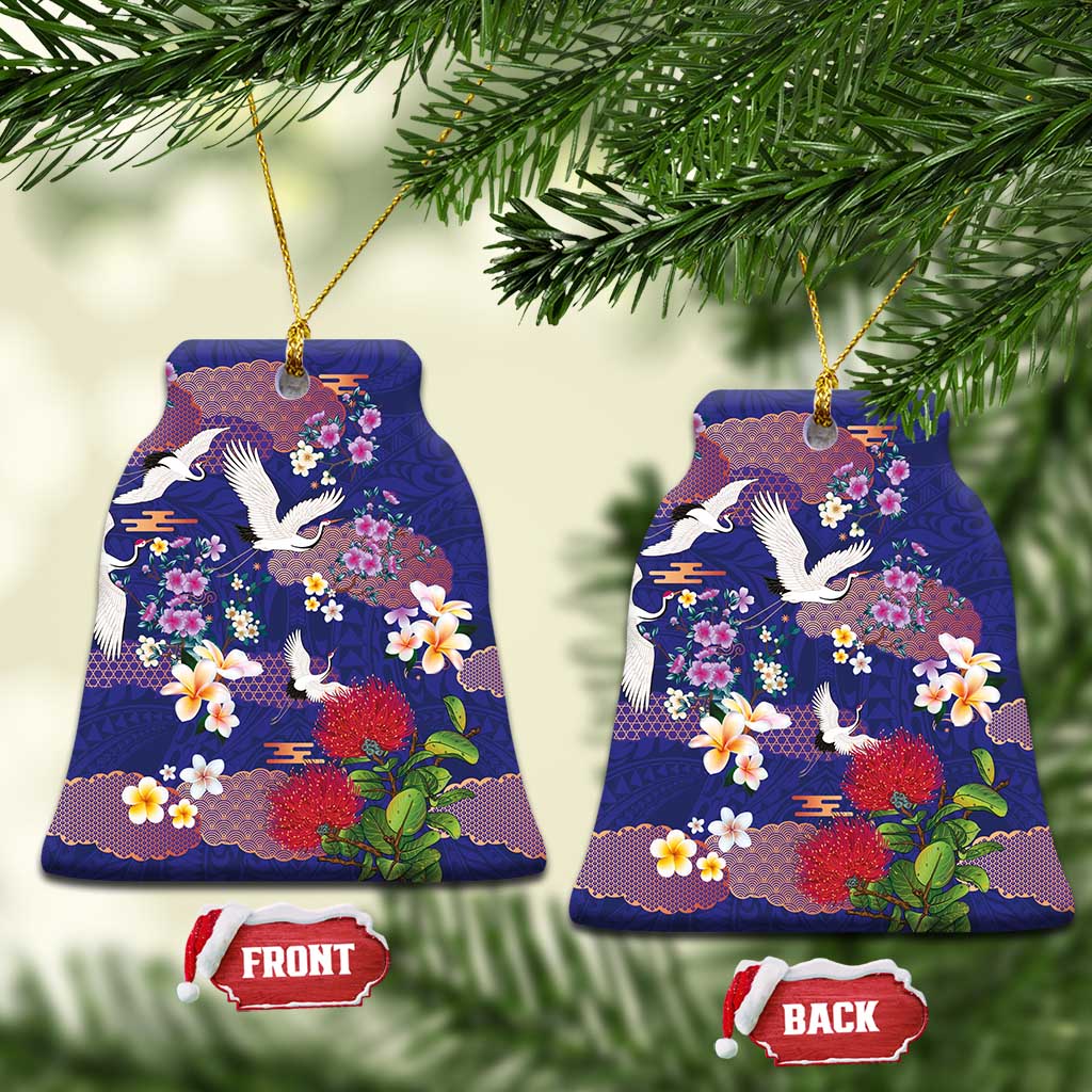 Hawaiian and Japanese Culture Together Ceramic Ornament Blue Ohia Lehua Plumeria and Sakura Blooming LT03 Bell Flake Blue - Polynesian Pride
