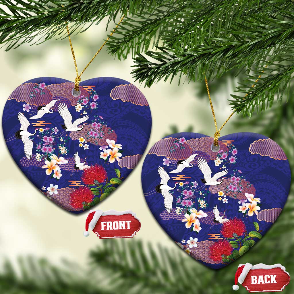 Hawaiian and Japanese Culture Together Ceramic Ornament Blue Ohia Lehua Plumeria and Sakura Blooming LT03 Heart Blue - Polynesian Pride