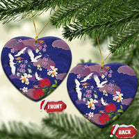 Hawaiian and Japanese Culture Together Ceramic Ornament Blue Ohia Lehua Plumeria and Sakura Blooming LT03 Heart Blue - Polynesian Pride
