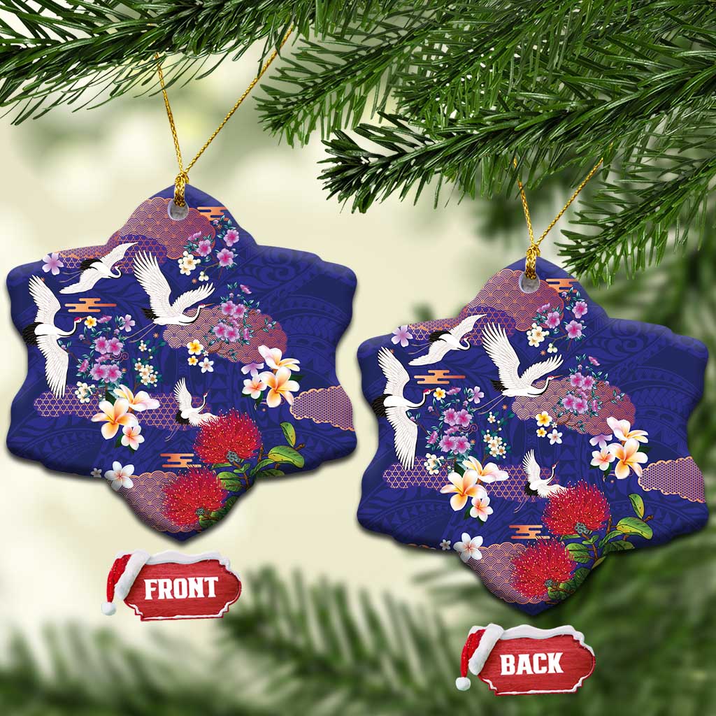 Hawaiian and Japanese Culture Together Ceramic Ornament Blue Ohia Lehua Plumeria and Sakura Blooming LT03 Snow Flake Blue - Polynesian Pride