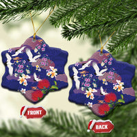 Hawaiian and Japanese Culture Together Ceramic Ornament Blue Ohia Lehua Plumeria and Sakura Blooming LT03 Snow Flake Blue - Polynesian Pride