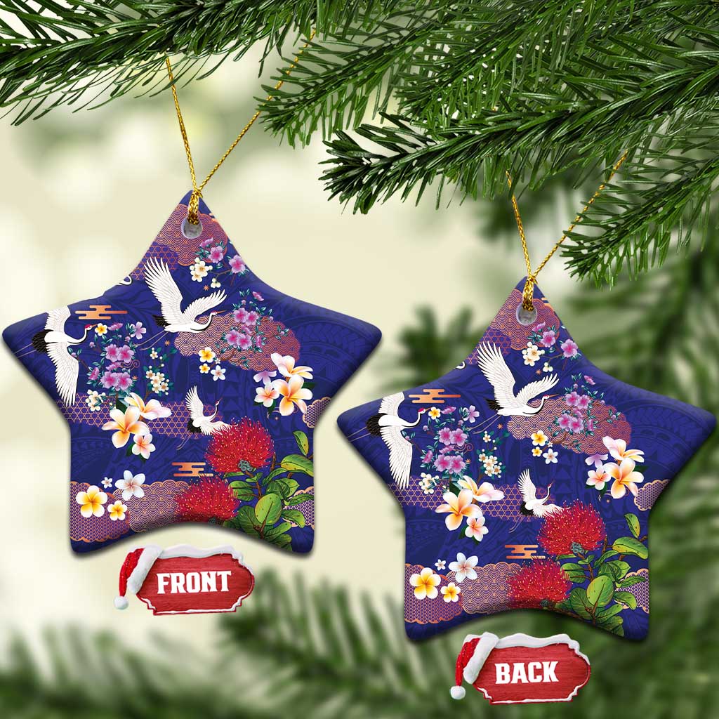 Hawaiian and Japanese Culture Together Ceramic Ornament Blue Ohia Lehua Plumeria and Sakura Blooming LT03 Star Blue - Polynesian Pride