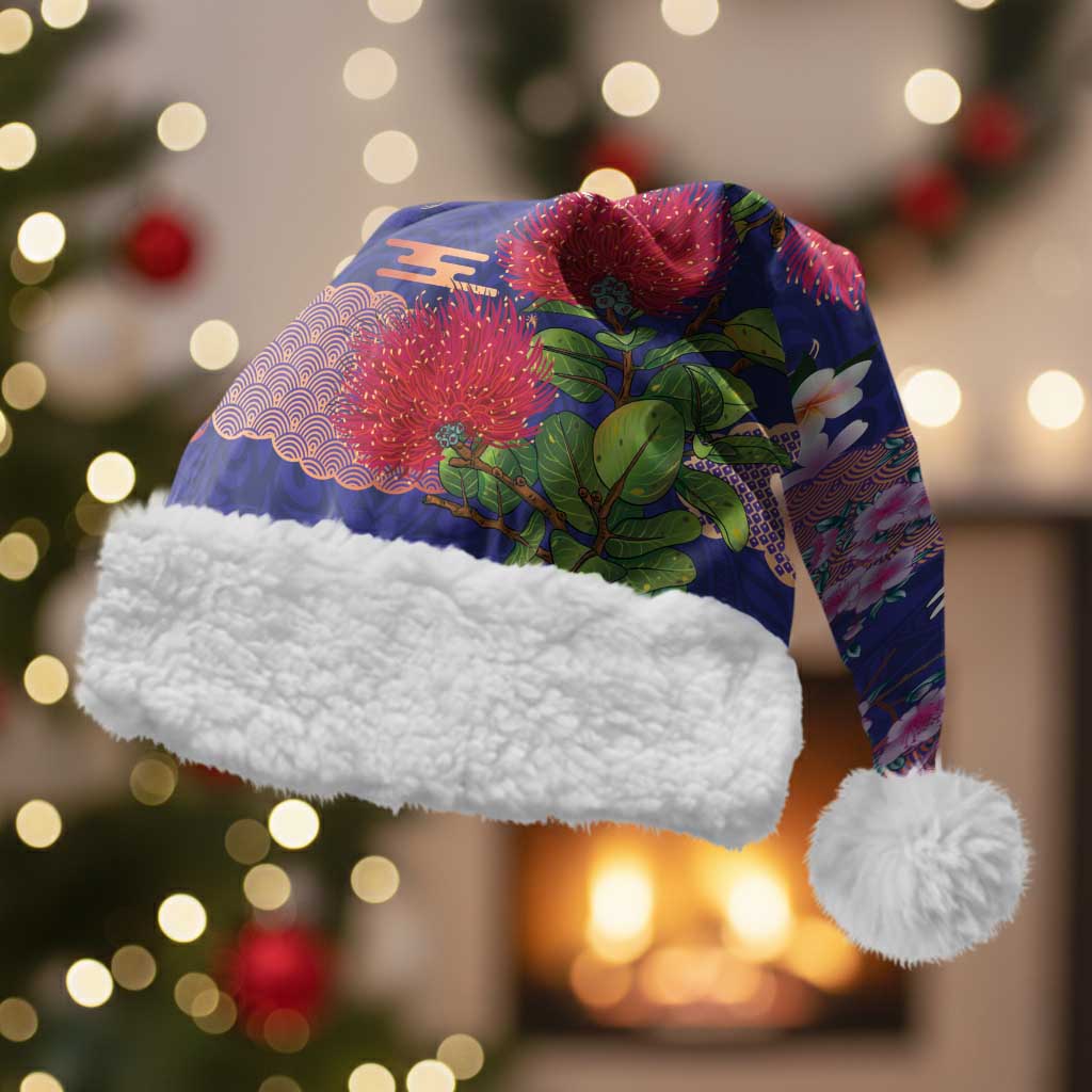 Hawaiian and Japanese Culture Together Christmas Santa Hat Blue Ohia Lehua Plumeria and Sakura Blooming - Polynesian Pride