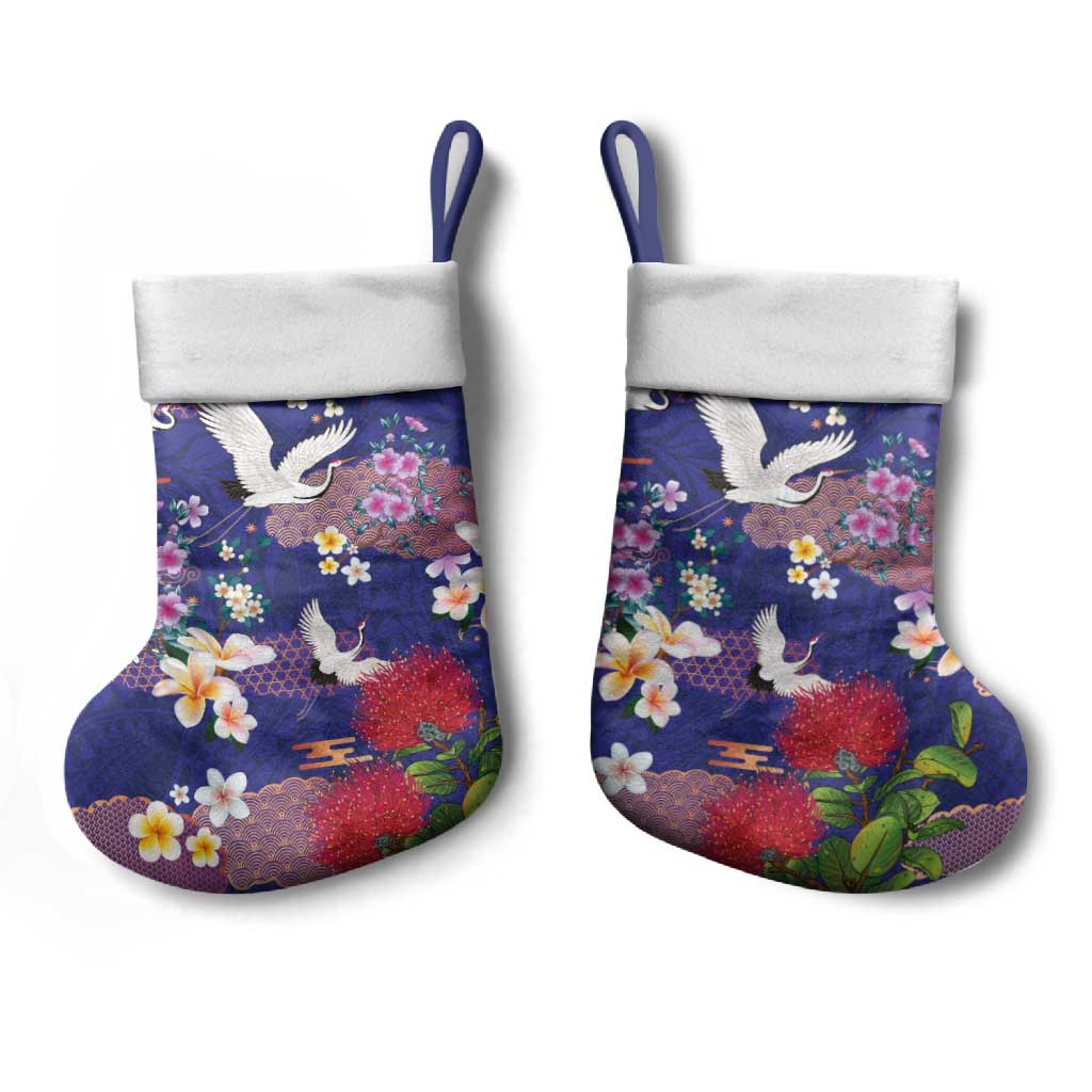 Hawaiian and Japanese Culture Together Christmas Stocking Blue Ohia Lehua Plumeria and Sakura Blooming LT03 - Polynesian Pride