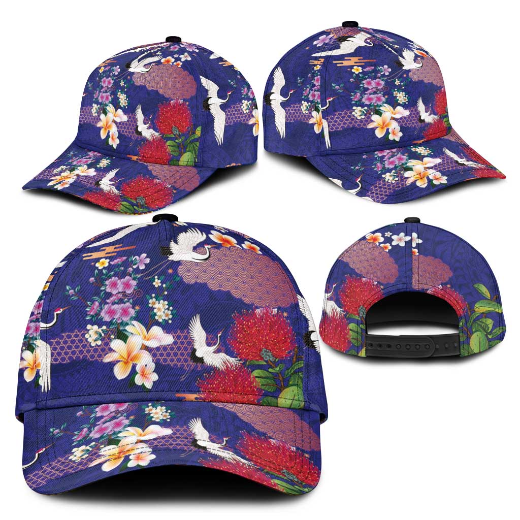 Hawaiian and Japanese Culture Together Classic Cap Blue Ohia Lehua Plumeria and Sakura Blooming LT03 - Polynesian Pride